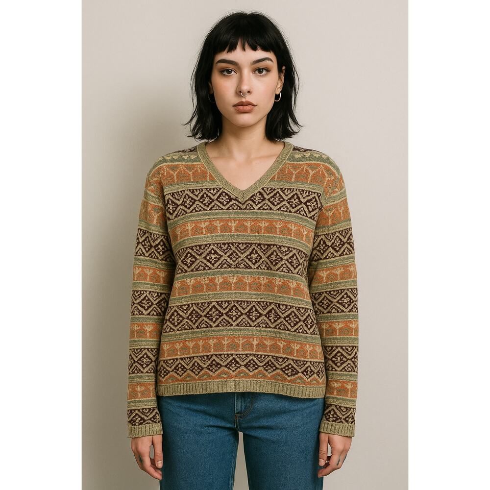 Vintage 90s Lauren Ralph Lauren Sweater Womens Medium V-Neck Knit Printed Brown‎
